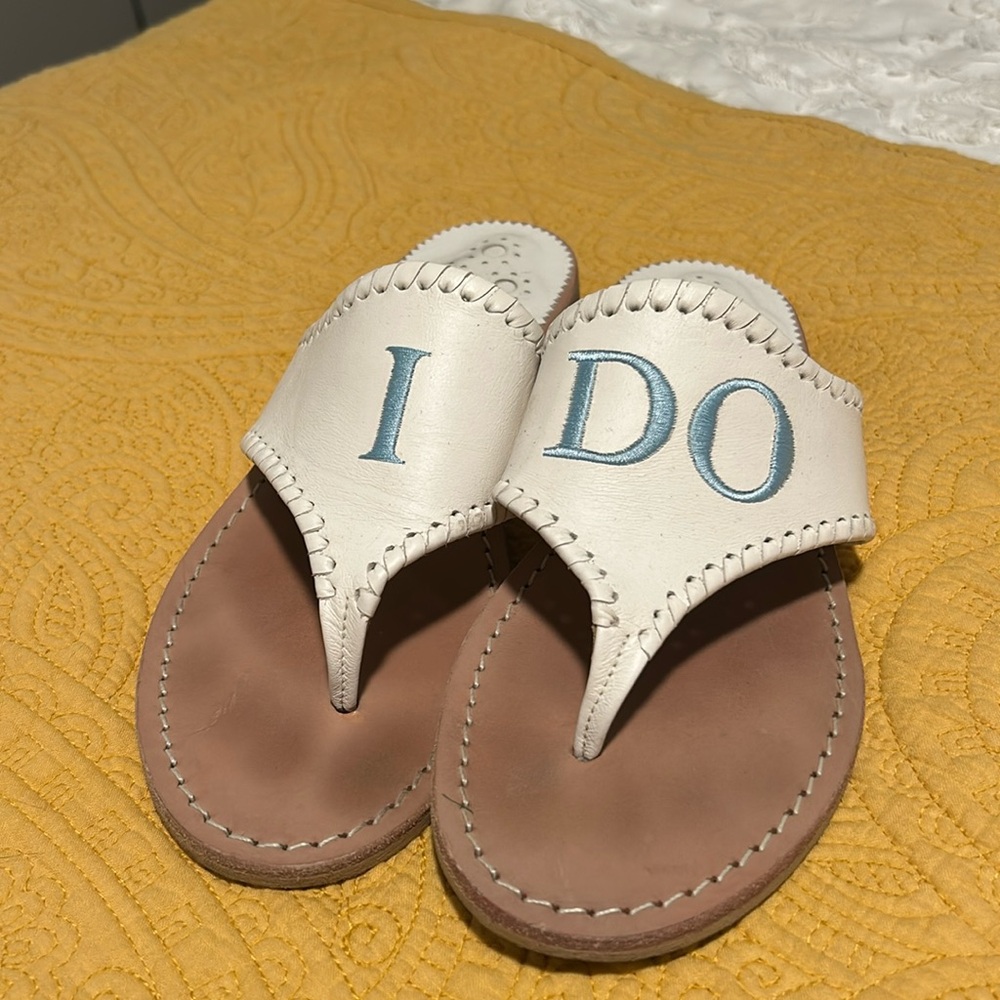 Jack Rogers White 'I DO' Thong Sandals with Light Blue Embroidery